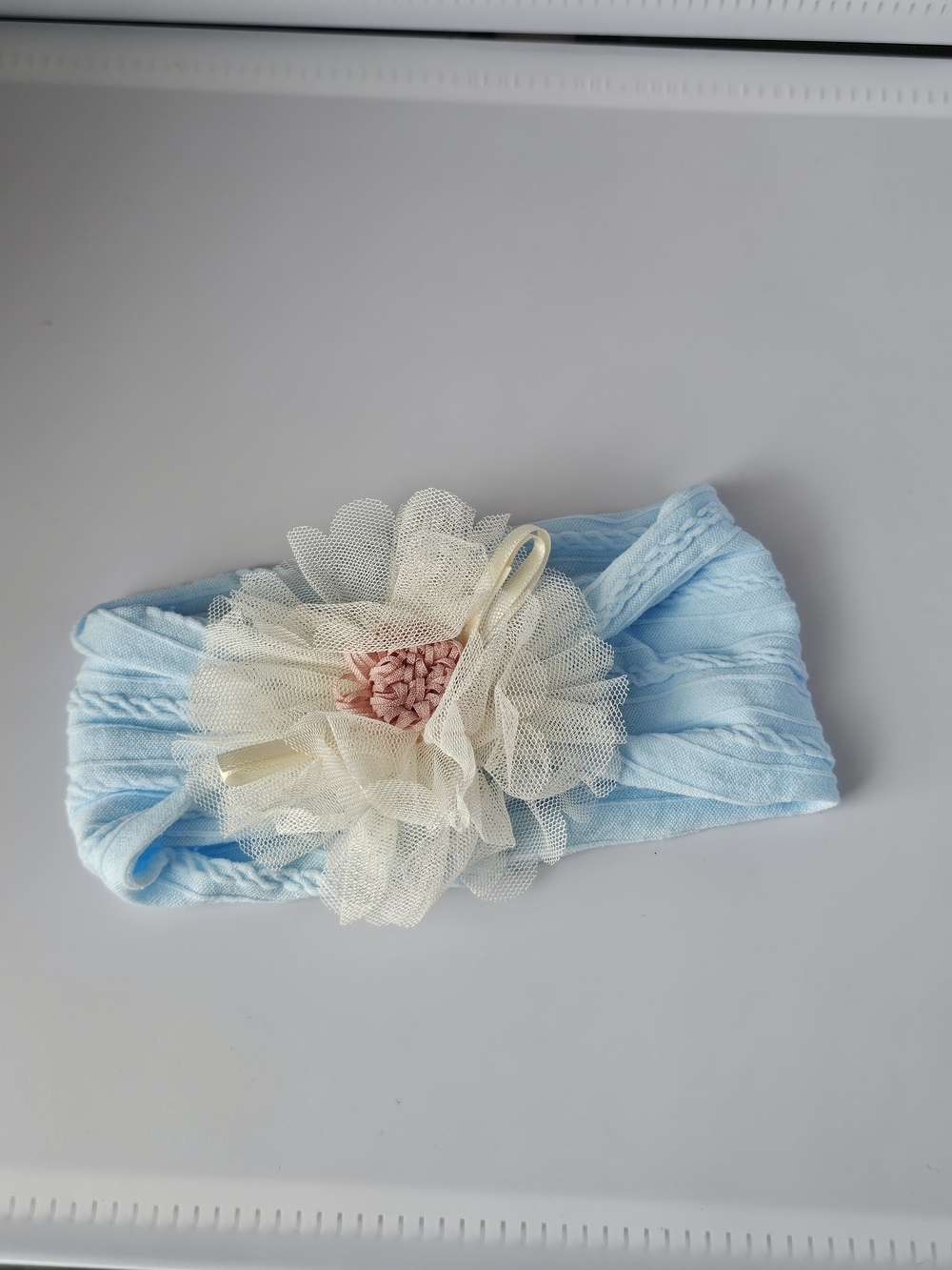 Baby Blue Floral Headband with Cream Tulle Flower